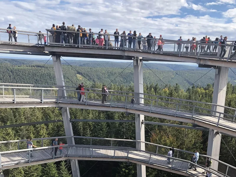Vue sur la spirale panoramique de Bad Wildbad, structure en bois et métal offrant un parcours en hauteur dans la forêt.