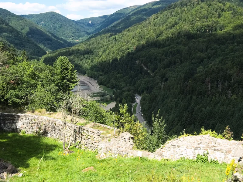 Vue panoramique depuis les ruines du château, sur les vallées et forêts environnantes des Vosges.