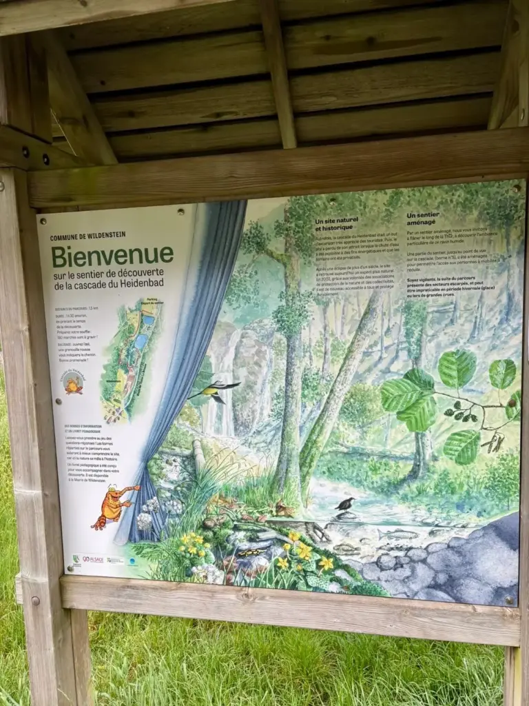 Panneau de bienvenue du sentier découverte de la Cascade du Heidenbad à Wildenstein, présentant le parcours et les informations de visite.