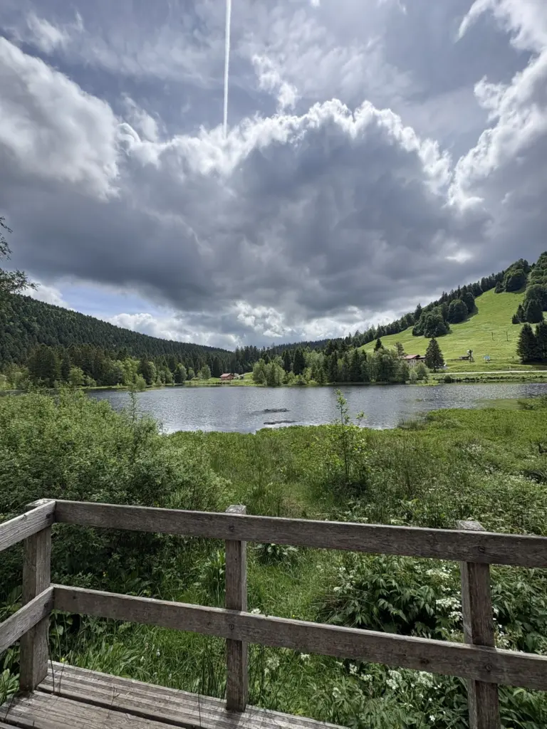 Vue sur le lac de Lispach depuis le sentier qui longe ses rives.