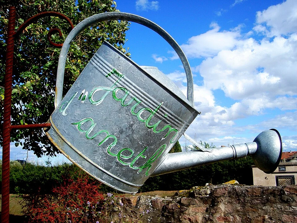Arrosoir portant l’inscription « Jardin d’Aneth » dans le jardin médiéval bergheim
